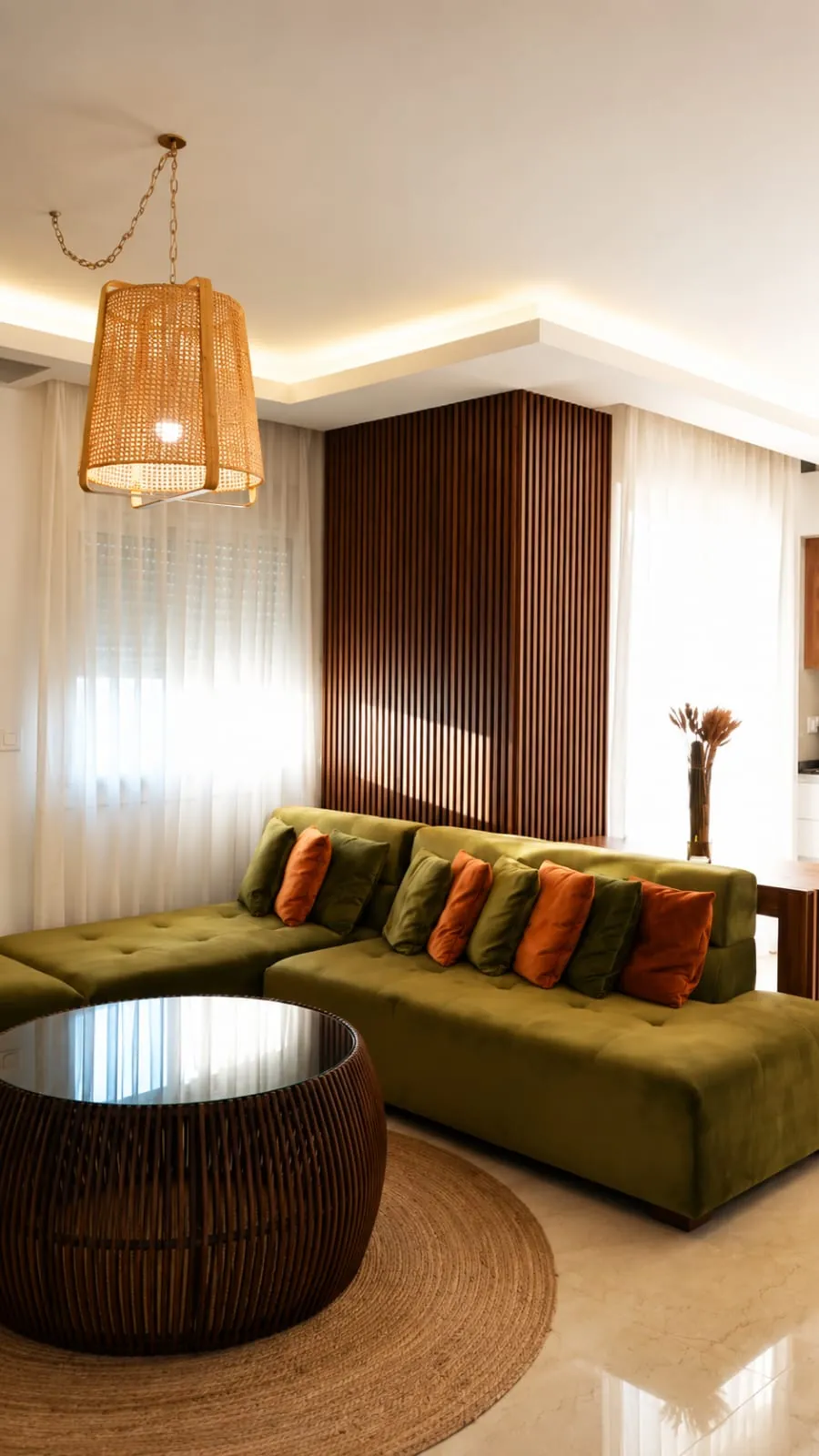 Living room with rattan pendant and olive sofa