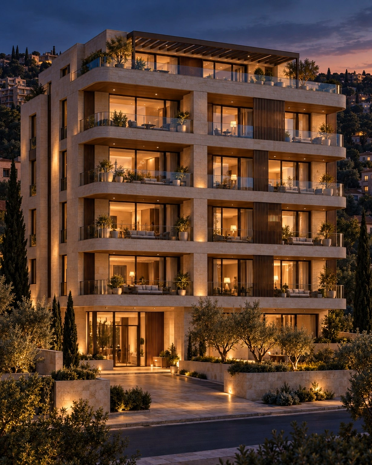 Hazmieh Luxury Residences, stone facade with lit terraces at dusk